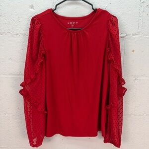 LOFT Women’s Red Velvet Dot Sheer Ruffle Long Sleeve Blouse Top Size Medium